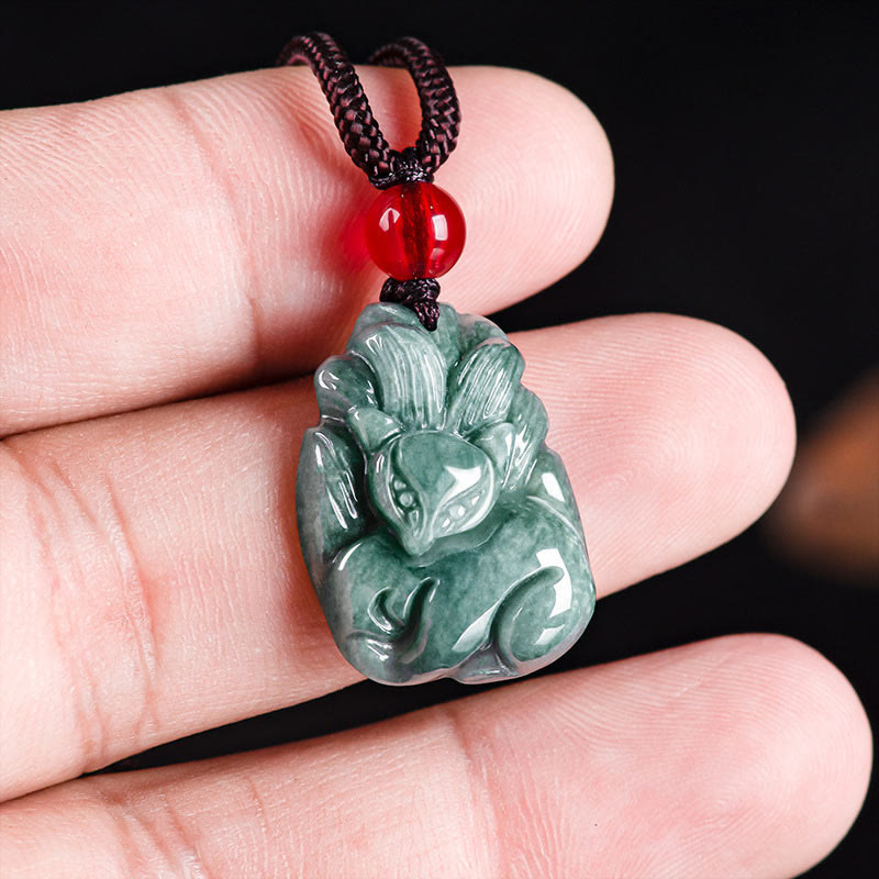 Nimara Ritual Natural Green Jade Nine Tailed Fox Engraved Prosperity Necklace Pendant