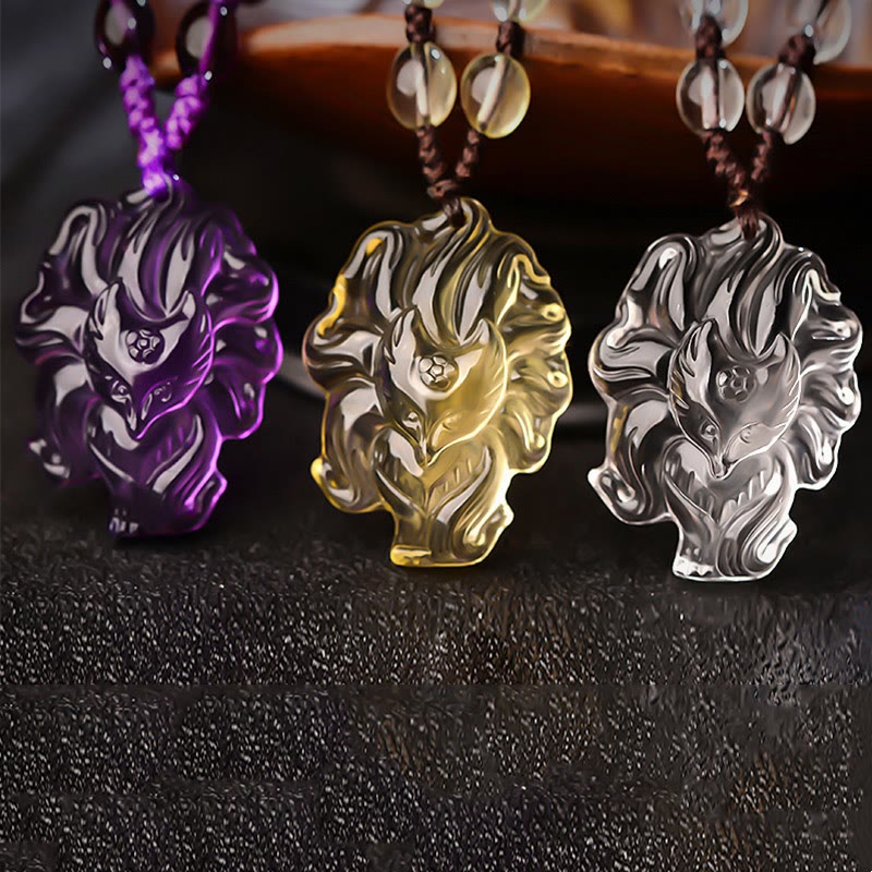 Nimara Ritual Natural Amethyst White Crystal Citrine Nine Tailed Fox Luck Necklace Pendant