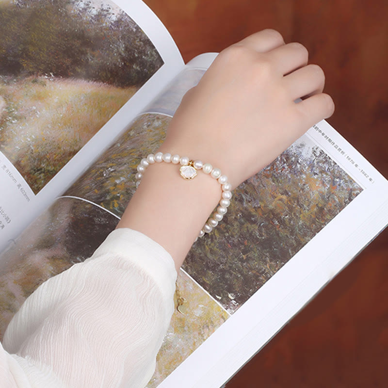 Nimara Ritual 14K Gold Plated Natural Pearl Crystal Shell Charm Bead Bracelet