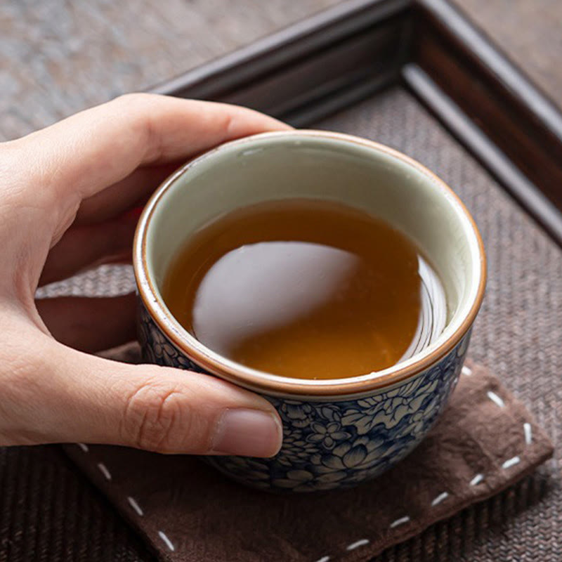 Nimara Ritual Blue Lotus Peach Blossom Chrysanthemum Design Ceramic Teacup Kung Fu Tea Cups