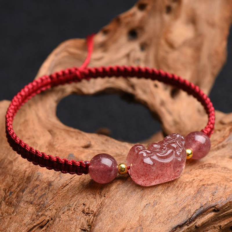 Nimara Ritual Natural Strawberry Quartz PiXiu Lucky Red String Bracelet