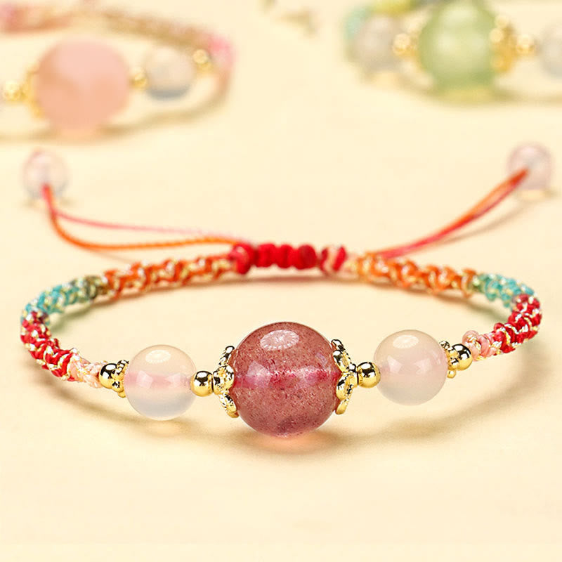 Nimara Ritual Strawberry Quartz Pink Crystal Prehnite White Agate Bead Healing Rope Bracelet