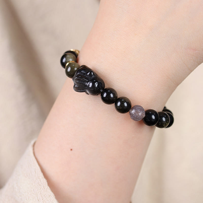 Nimara Ritual Gold Sheen Obsidian Black Obsidian Silver Sheen Obsidian Cute Rabbit Protection Bracelet