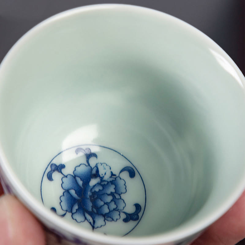 Nimara Ritual Blue Landscape Mountains Lotus Cute Cat Pavilions Magnolia Reed Egrets Ceramic Teacup Small Kung Fu Tea Cup