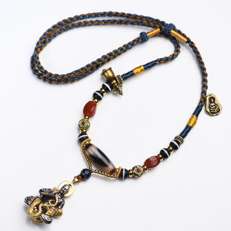 Nimara Ritual Handmade Buddha Snake Skull Head Dzi Bead Serenity Rope Necklace Pendant