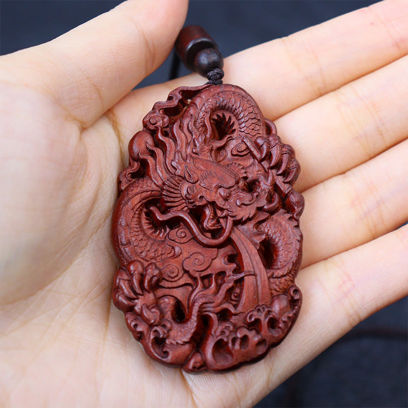 Nimara Ritual Lightning Struck Jujube Wood Double Dragon Relief Ward Off Evil Spirits Necklace Pendant