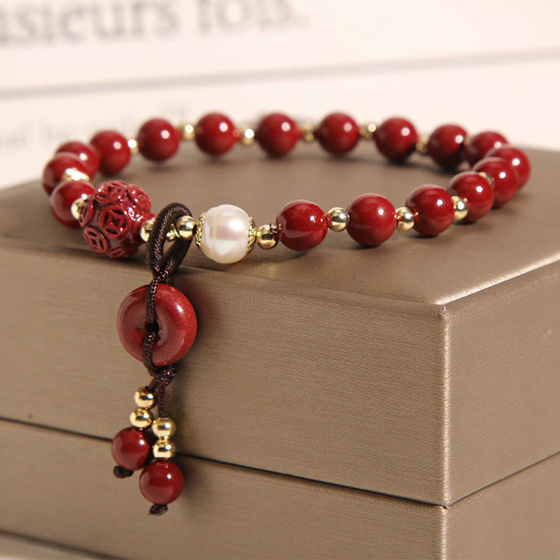 Nimara Ritual Natural Cinnabar Peace Buckle Copper Coin Charm Blessing Bracelet