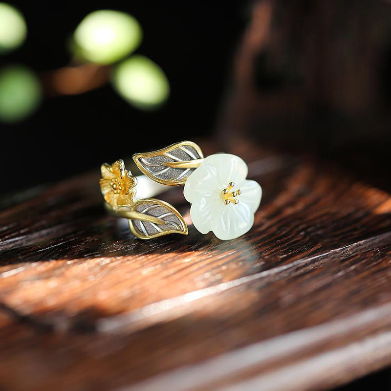 Nimara Ritual 925 Silver Plated Copper White Jade Plum Flower Leaf Luck Ring