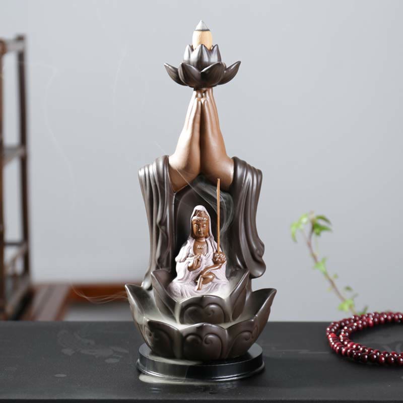 Nimara Ritual Buddha Avalokitesvara Chenrezig Ksitigarbha Ceramic Lotus Blessing Backflow Incense Burner
