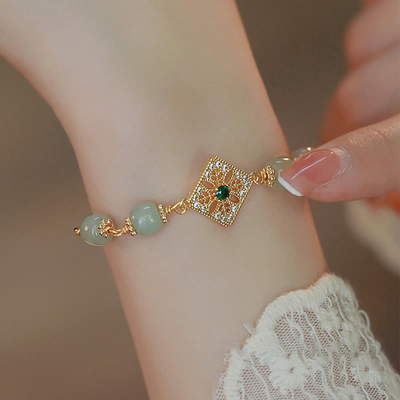 Nimara Ritual Natural Hetian Jade Bead Square Pattern Luck Chain Bracelet