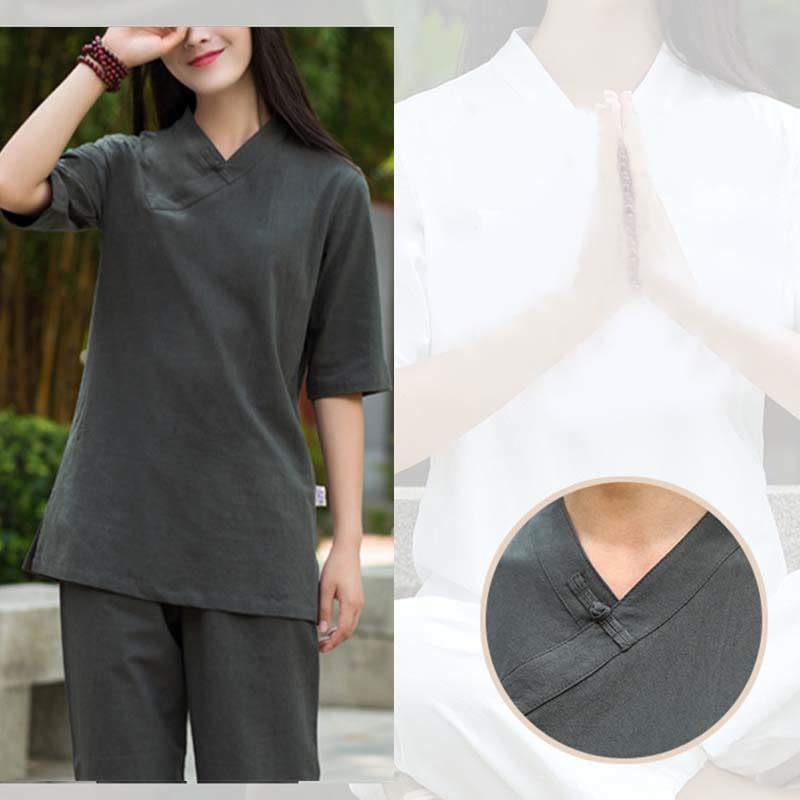 Nimara Ritual 2Pcs Half Sleeve V-Neck Shirt Top Pants Meditation Zen Tai Chi Linen Clothing Women's Set