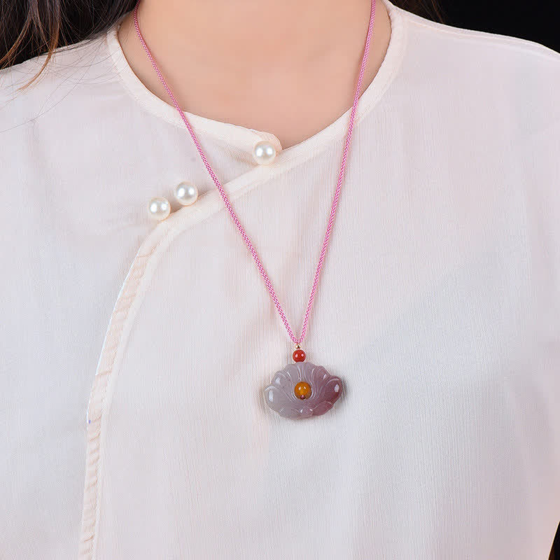 Nimara RitualPink Golden Silk Jade Lotus Flower Wealth Necklace Pendant