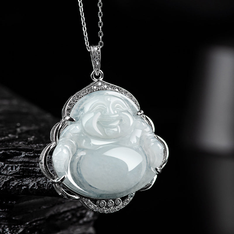 Nimara Ritual Laughing Buddha Natural Jade Abundance Titanium Steel Chain Necklace Pendant