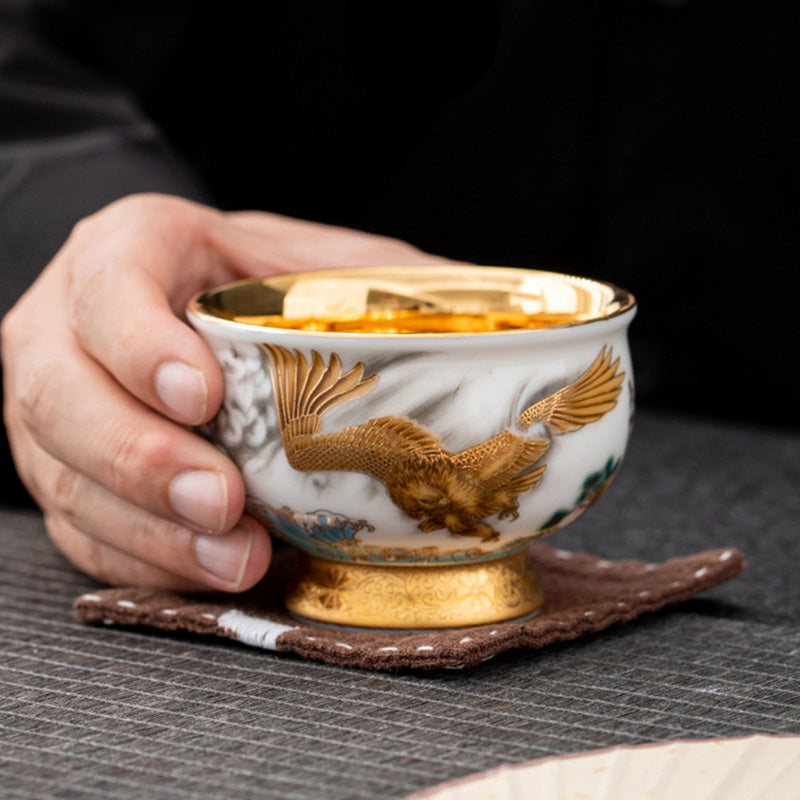 Nimara Ritual Golden Eagle Auspicious Dragon Sun Ocean Waves Gilt Ceramic Teacup Kung Fu Tea Cup