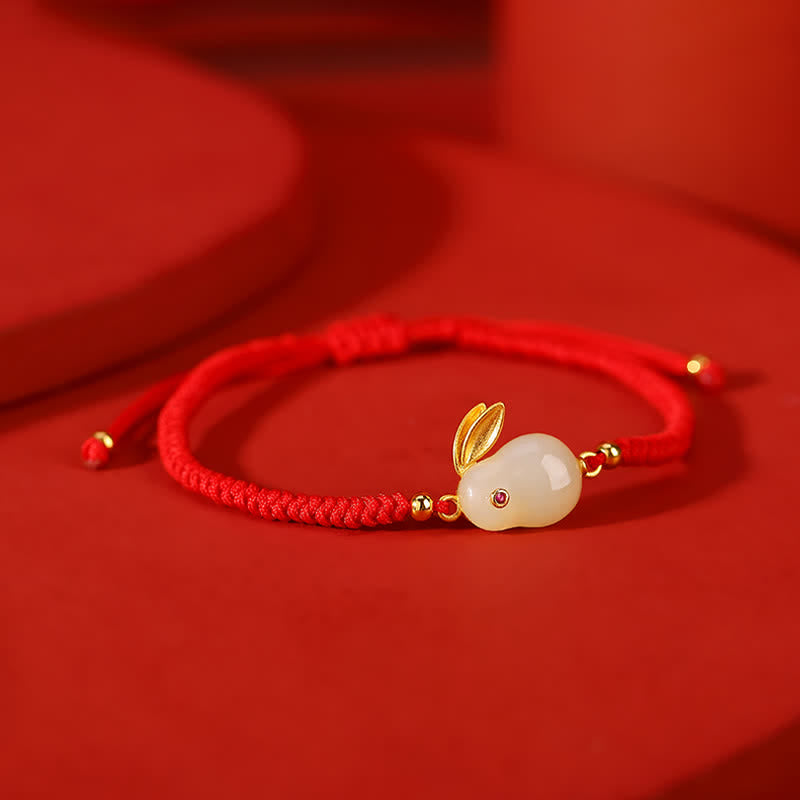 Nimara Ritual 925 Sterling Silver Year of the Rabbit Hetian White Jade Luck Red String Protection Bracelet
