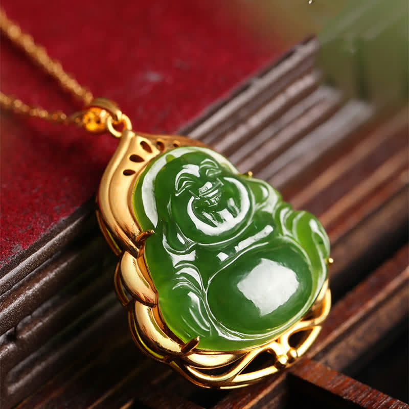 Nimara Ritual 925 Sterling Silver Natural Hetian Cyan Jade Laughing Buddha 18K Gold Healing Necklace Chain Pendant