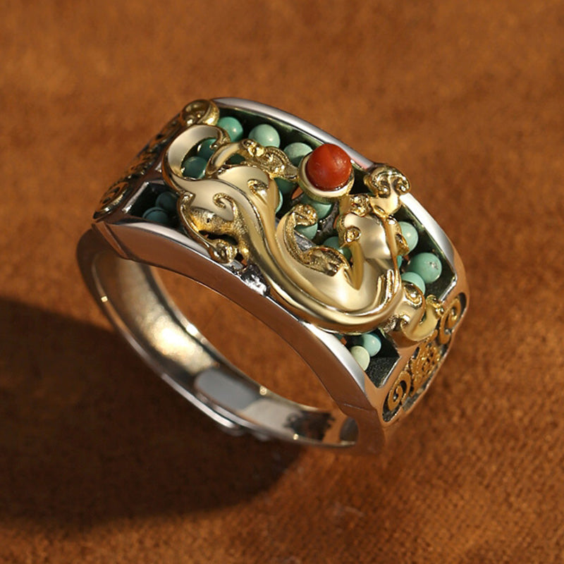 Nimara Ritual 925 Sterling Silver Turquoise Red Agate PiXiu Abacus Protection Ring
