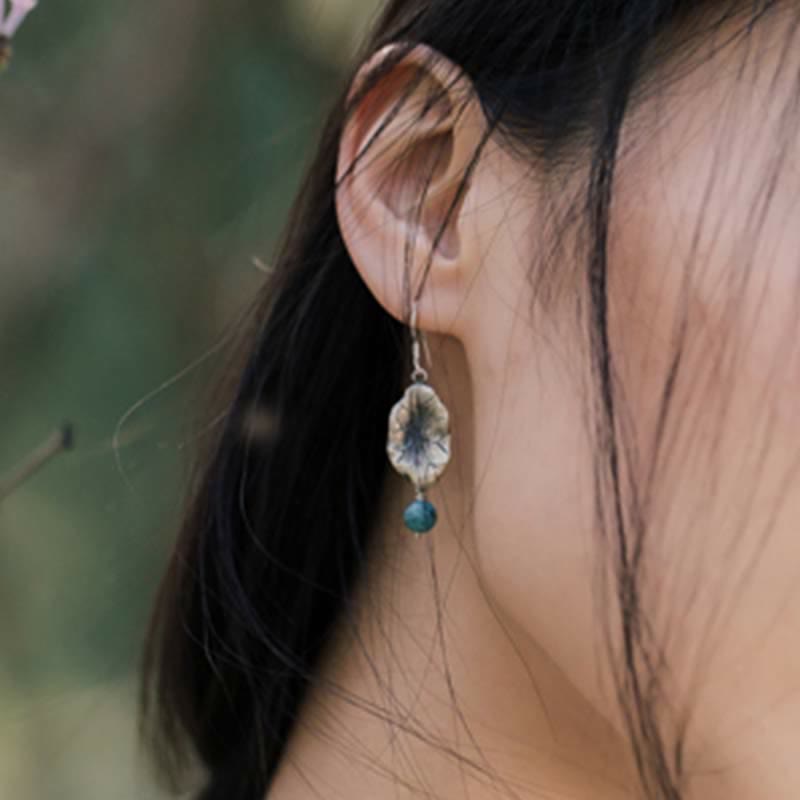 Nimara Ritual 925 Sterling Silver Turquoise Lotus Leaf Protection Drop Dangle Earrings