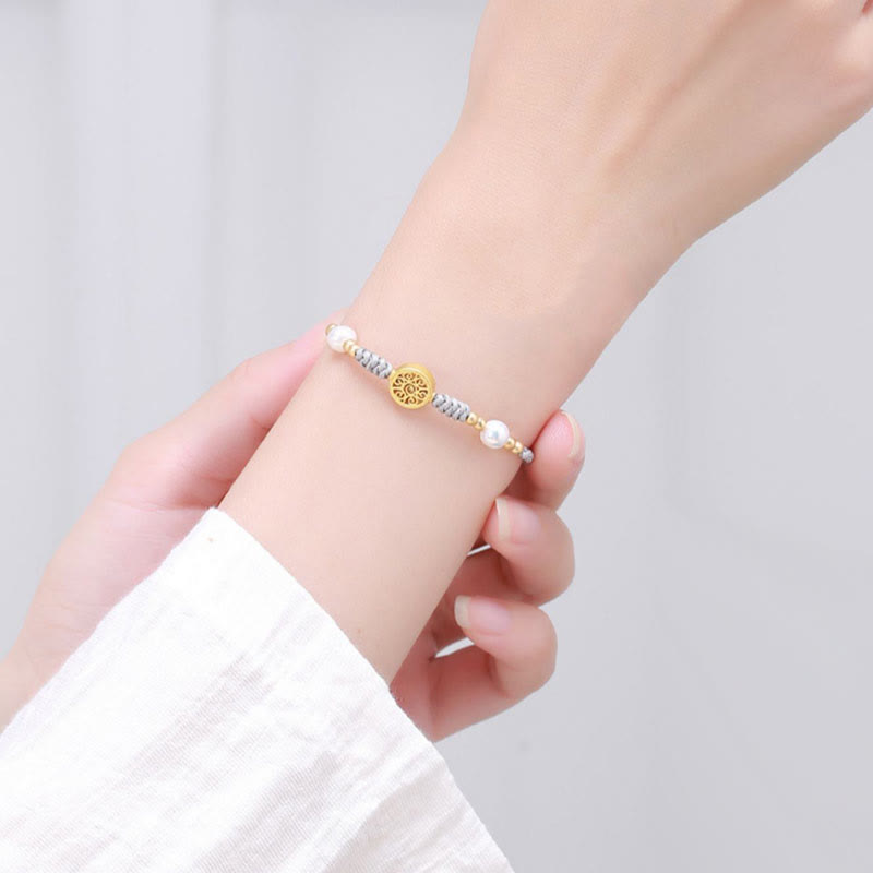 Nimara Ritual Copper Coin Fortune Tree Pearl Luck Blue Rope Braided Bracelet