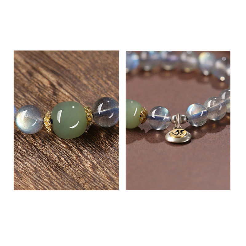 Nimara Ritual Chinese Zodiac Natal Buddha 925 Sterling Silver Natural Moonstone Hetian Jade Positive Bracelet