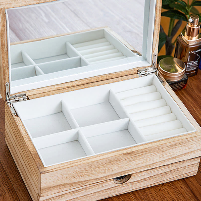 Nimara Ritual Retro Beige Wooden Jewelry Box Two-Layer Jewelry Storage Box With Mirror