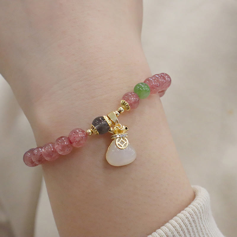 Nimara Ritual Natural Strawberry Quartz Jade Peace Buckle Coin Purse Healing Bracelet