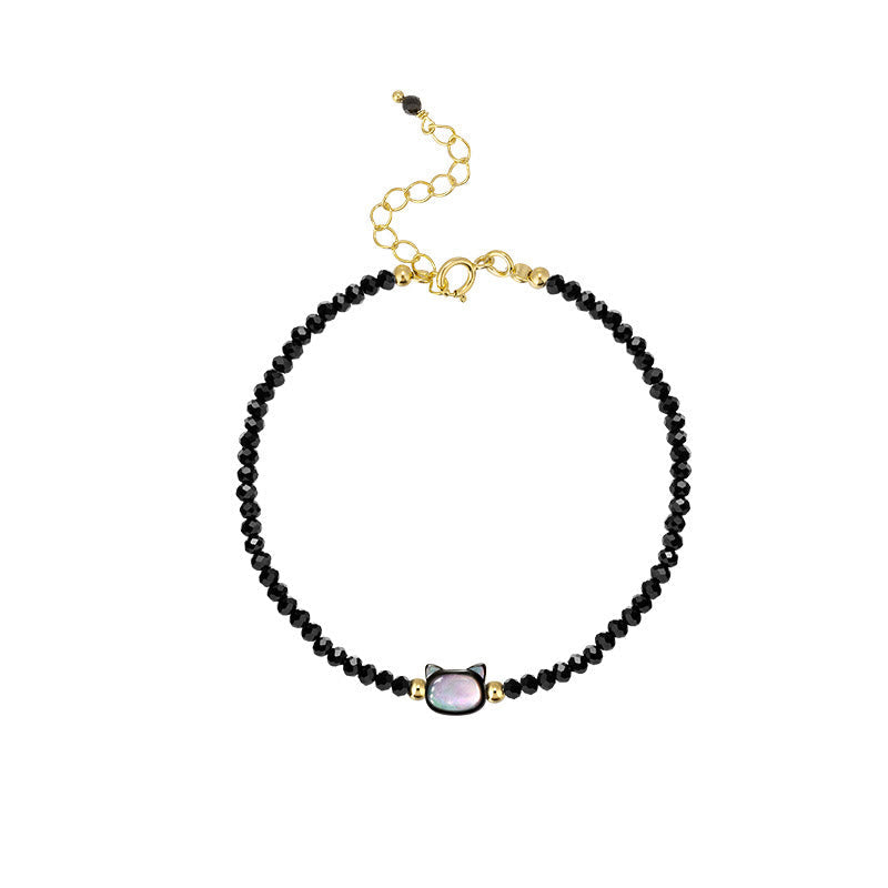 Nimara Ritual 14K Gold Plated Black Spinel White Crystal Cute Cat Tridacna Stone Healing Bracelet