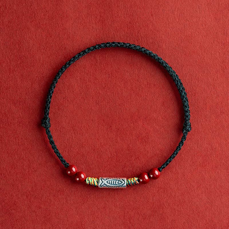 Nimara Ritual 925 Sterling Silver Koi Fish Cinnabar Bead Wealth Handcrafted Braided Bracelet Anklet
