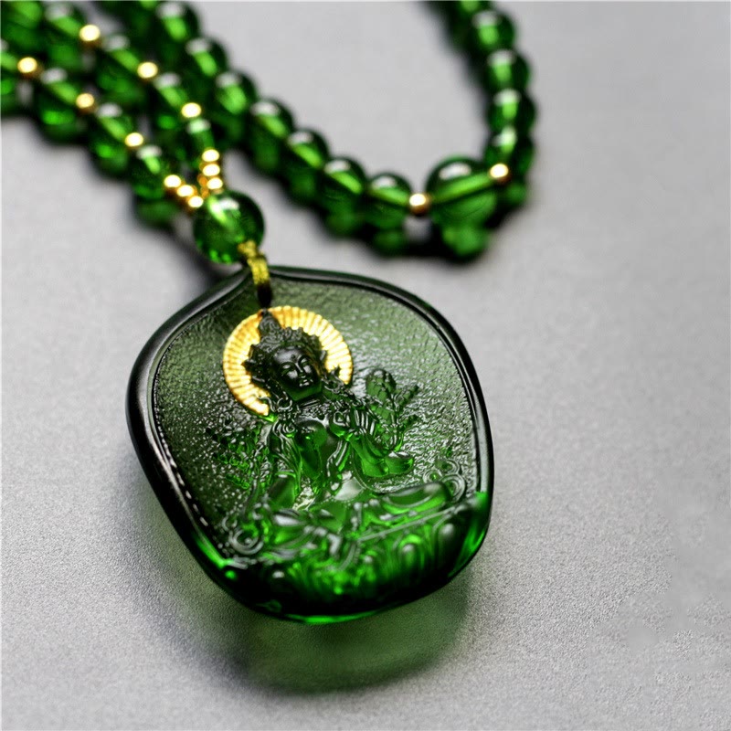 Nimara Ritual Tibetan Green Tara Buddha Gold Plated Liuli Crystal Protection Necklace Pendant