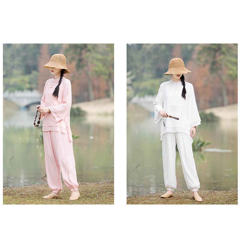 Nimara Ritual 2Pcs Plain Design Top Pants Meditation Yoga Zen Tai Chi Cotton Linen Clothing Women's Set