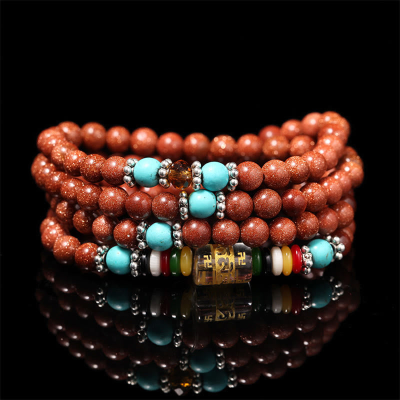 Nimara Ritual 108 Mala Beads Goldstone Om Mani Padme Hum Swastika Confidence Bracelet