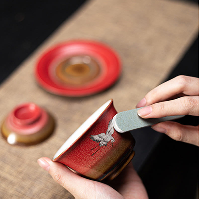 Nimara Ritual Red Auspicious Crane Ceramic Gaiwan Sancai Teacup Kung Fu Tea Cup And Saucer With Lid