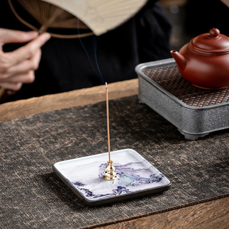 Nimara Ritual Mountain Lake Flower Leaf Healing Ceramic Plate Tray Stick Incense Burner Decoration