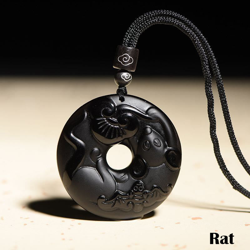 Nimara Ritual Chinese Zodiac Natural Black Obsidian Peace Buckle Strength Necklace Pendant