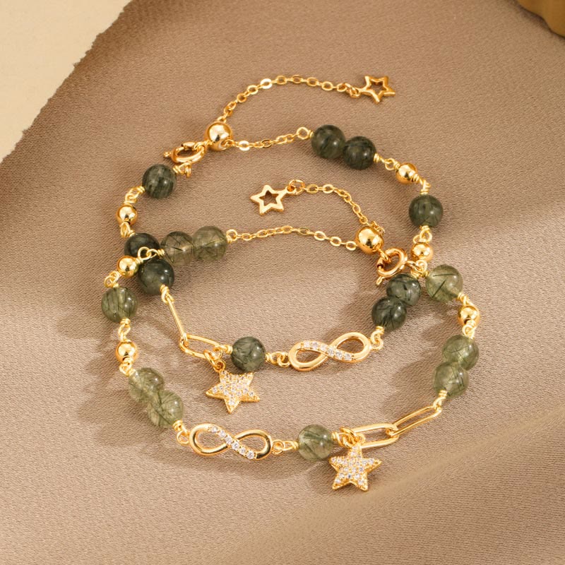 Nimara Ritual 14k Gold Plated Copper Green Rutilated Quartz MAbius Loop Eternal Love Star Protection Bracelet