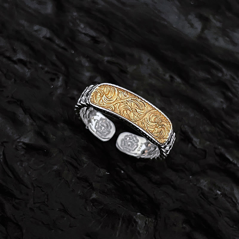 Nimara Ritual Tang Dynasty Flower Design Engraved Copper Luck Cuff Bracelet Bangle Adjustable Ring