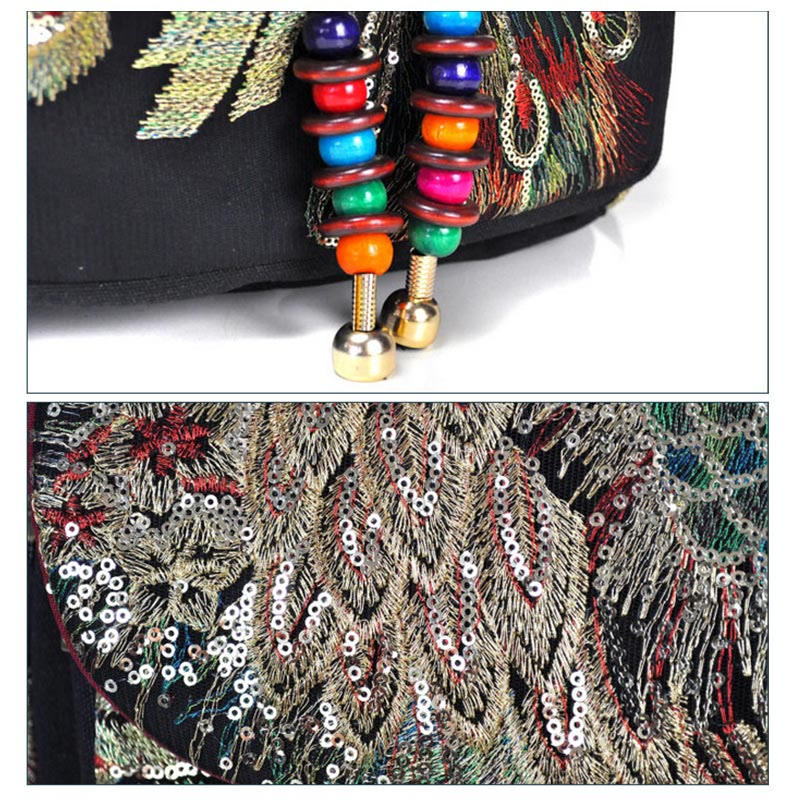 Nimara Ritual Peacock Embroidery Canvas Tassel Backpack