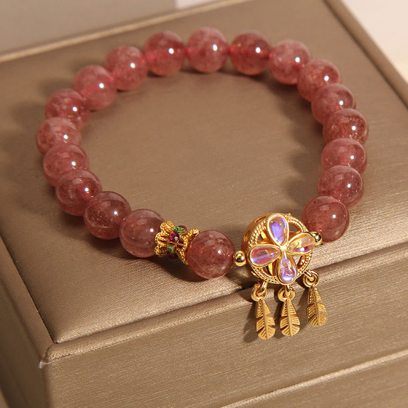 Nimara Ritual Natural Strawberry Quartz Four Leaf Clover Dreamcatcher Charm Love Bracelet