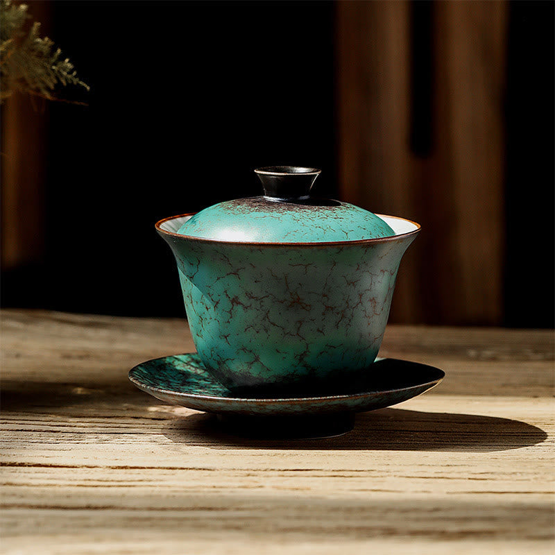Nimara Ritual Retro Green Glaze Ceramic Gaiwan Sancai Teacup Kung Fu Tea Cup And Saucer With Lid