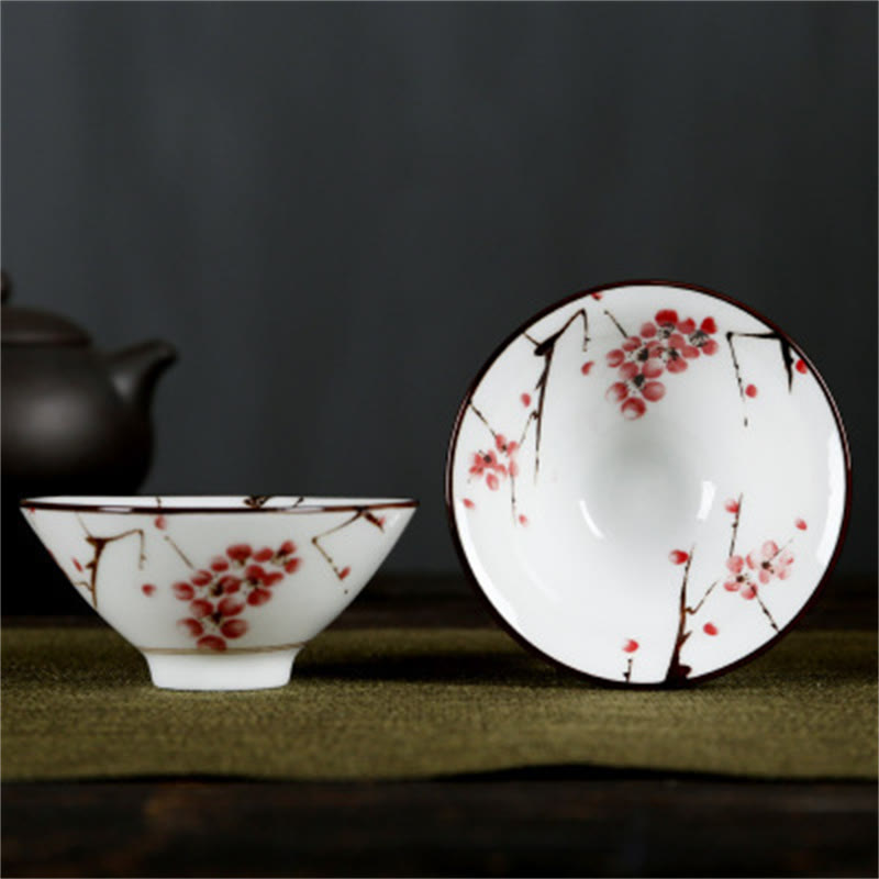 Nimara Ritual Flowers Fu Character Mountains Lotus Cherry Blossoms Ceramic Teacup Kung Fu Tea Cup