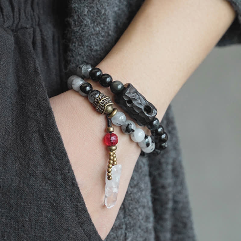 Nimara Ritual Black Rutilated Quartz Ebony Wood White Crystal Success Couple Bracelet