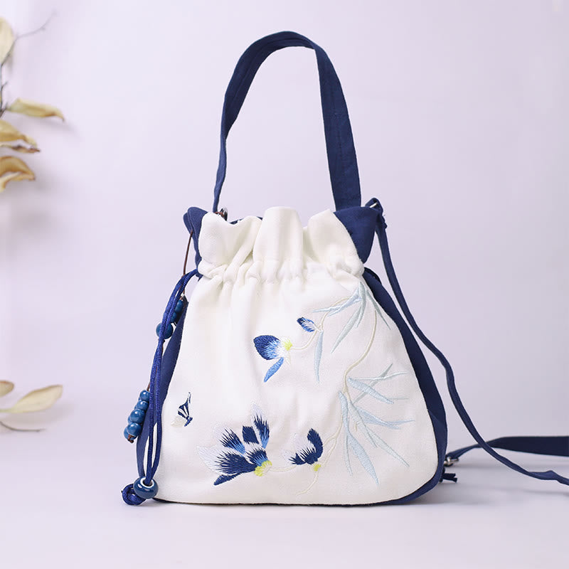 Nimara Ritual Embroidered Butterfly Lotus Magnolia Cotton Linen Tote Crossbody Bag Shoulder Bag Handbag