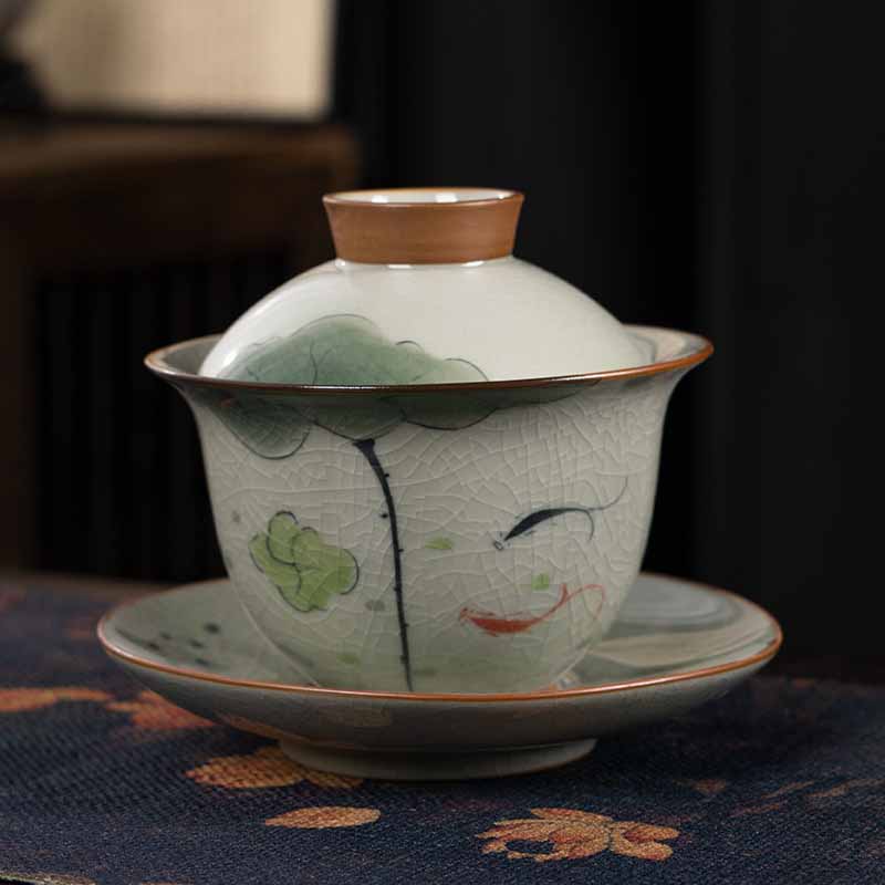 Nimara Ritual Lotus Koi Fish Pod Leaf Ceramic Gaiwan Sancai Teacup Kung Fu Tea Cup And Saucer With Lid 140ml