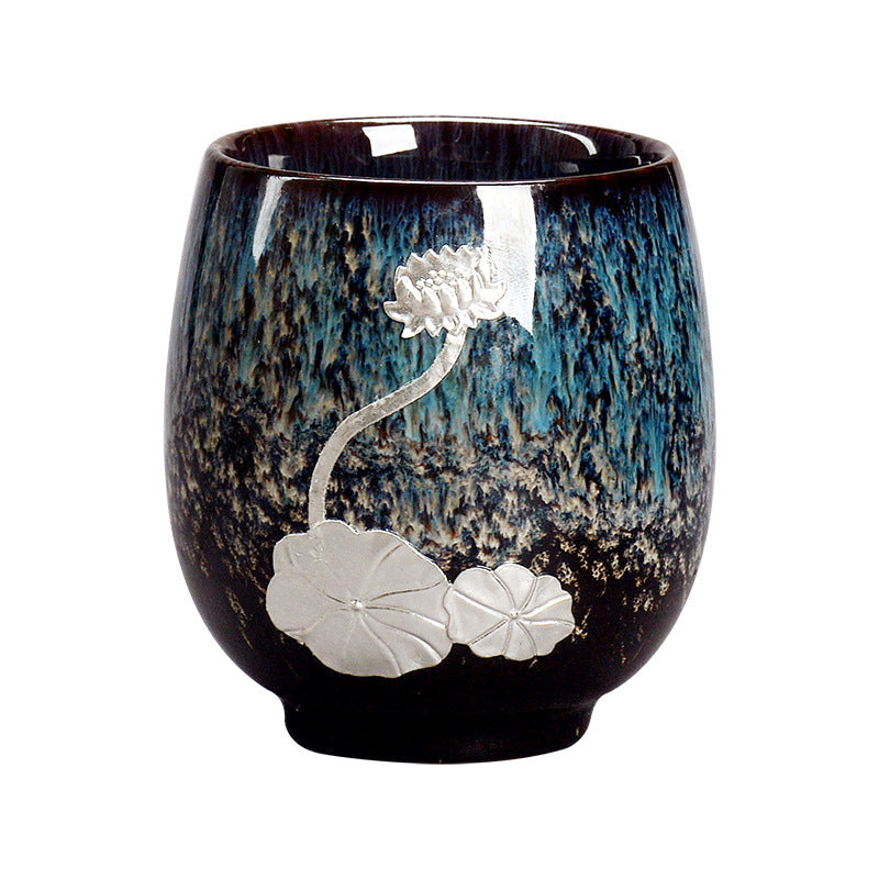 Nimara Ritual Silver Lotus Flower Leaf Chinese Jianzhan Ceramic Teacup Kung Fu Tea Cup 150ml