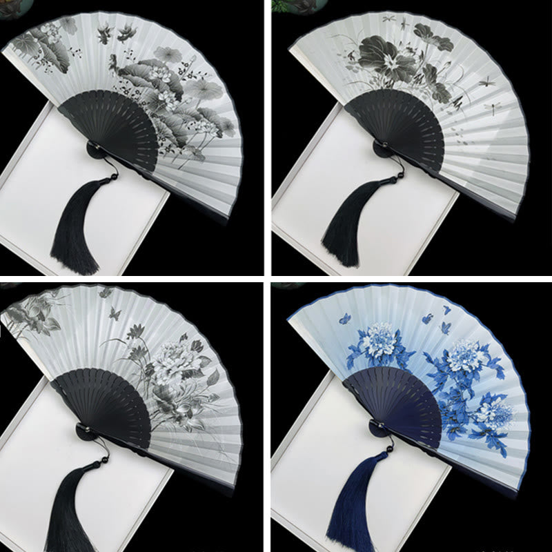 Nimara Ritual Vintage Bamboo Peony Butterfly Lotus Handheld Silk Folding Fan With Bamboo Frames