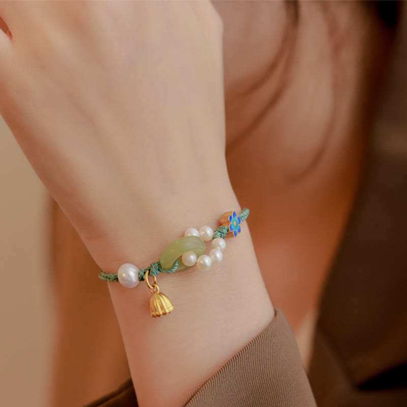 Nimara Ritual Natural Hetian Jade Peace Buckle Pearl Luck Handcrafted Braided Bracelet