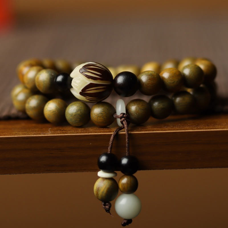 Nimara Ritual Green Sandalwood Bodhi Seed Lotus Soothing Double Wrap Bracelet