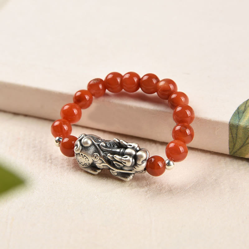 Nimara Ritual 925 Sterling Silver Natural Garnet Moonstone Red Agate PiXiu Wealth Ring