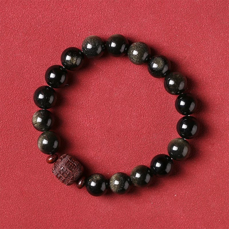 Nimara Ritual Natural Gold Sheen Obsidian Rainbow Obsidian Om Mani Padme Hum Fu Character Healing Bracelet