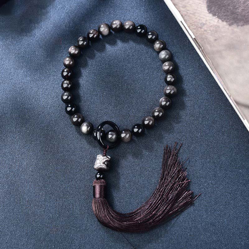 Nimara Ritual Natural Silver Sheen Obsidian Lion Wrist Mala Protection Tassels Pocket Mala Car Decoration